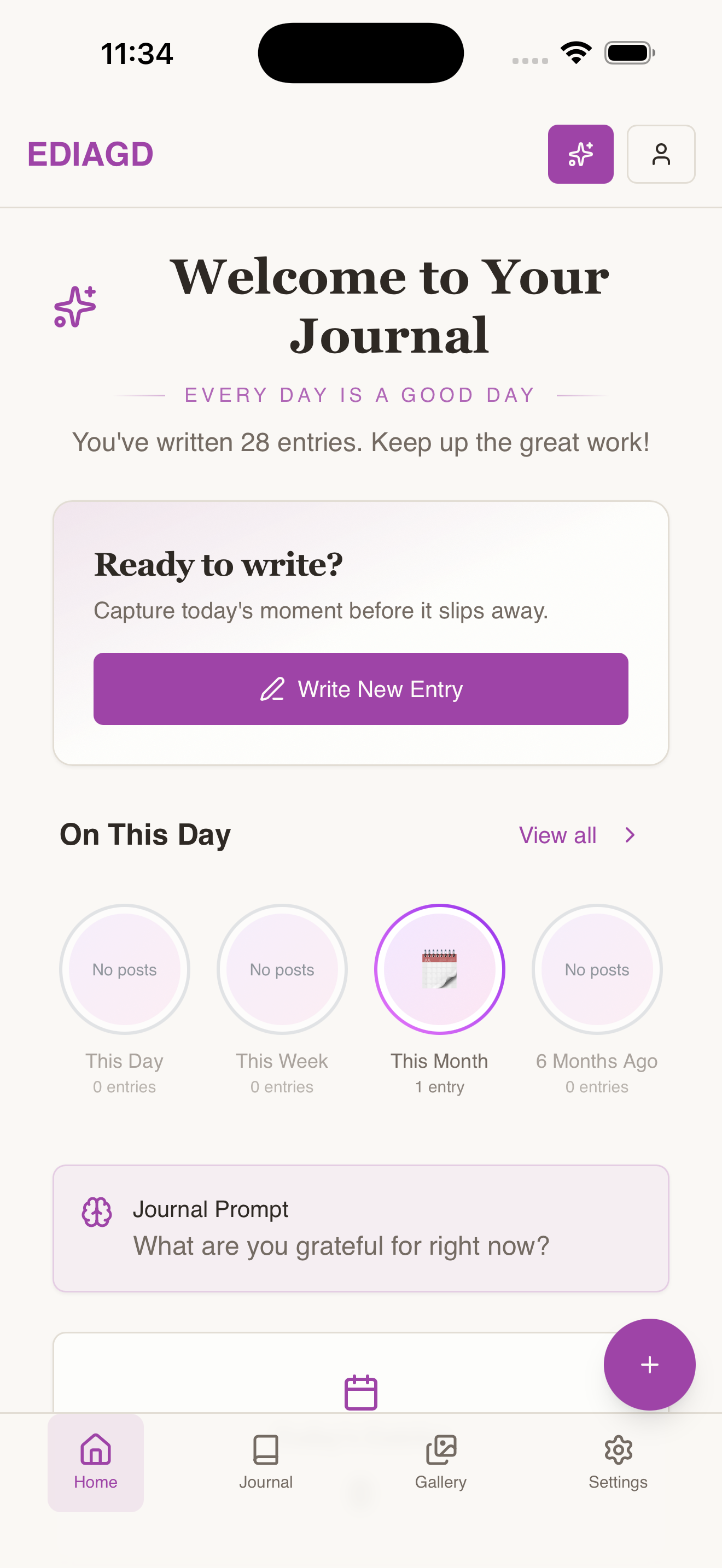 EDIAGD app home screen — Welcome to Your Journal